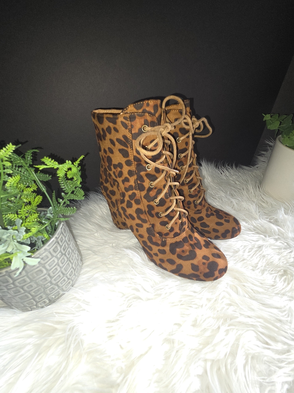 Allegra K Leopard Print Lace-Up Block Heel Ankle Boots - Brown/black, Size 8